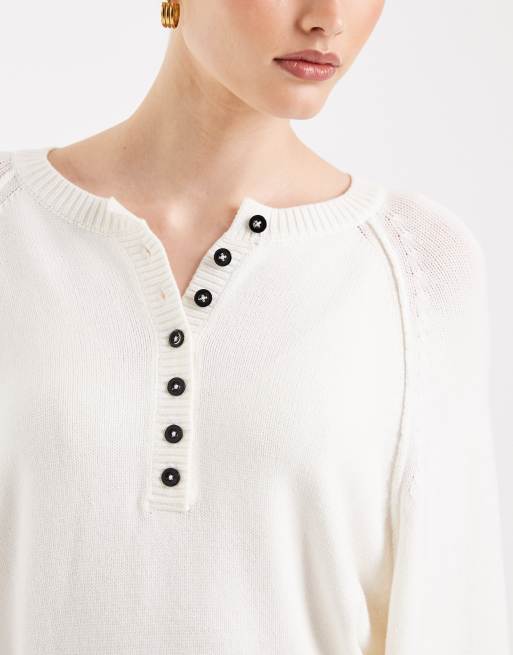 ASOS DESIGN knitted long sleeve henley jumper with contrast buttons in cream, 3 of 4