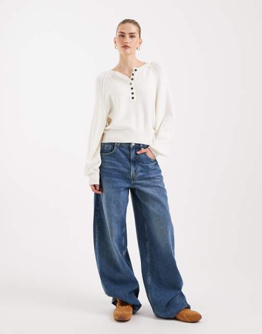 ASOS DESIGN knitted long sleeve henley jumper with contrast buttons in cream, 4 of 4
