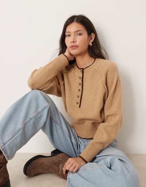 ASOS DESIGN knitted long sleeve henley jumper with tipping in beige - view 1