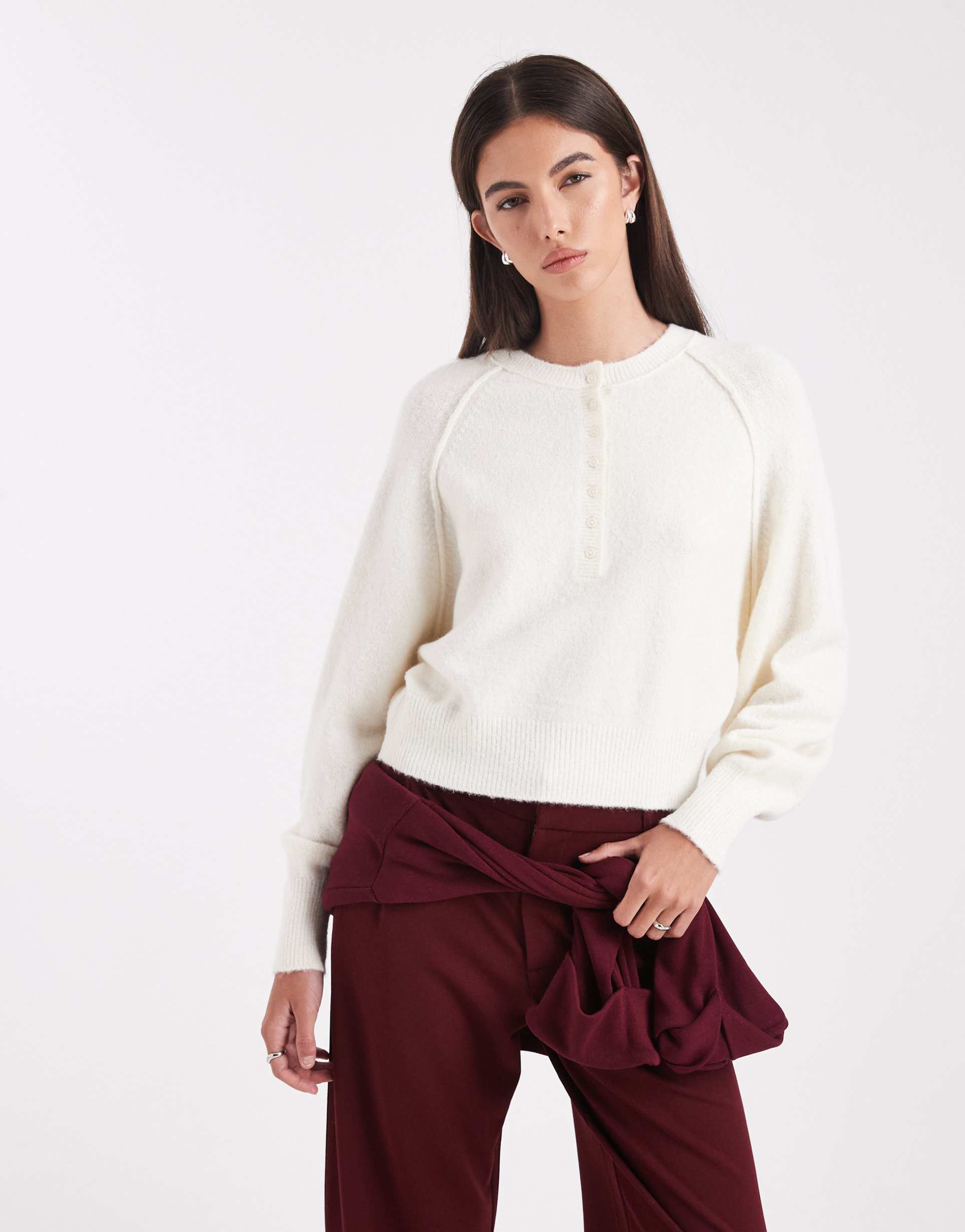 asos design knitted long sleeve henley sweater in oatmeal