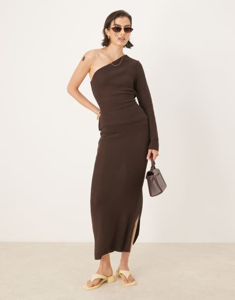 ASOS DESIGN knitted long sleeve loose knit top & maxi skirt co-ord in chocolate - view 1