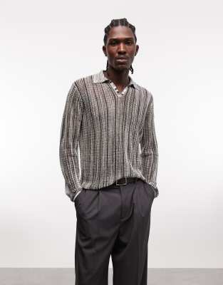 Asos Design Knitted Long Sleeve Mesh Notch Neck Polo In Gray