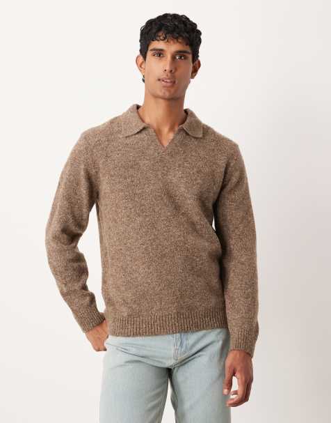 ASOS DESIGN knitted long sleeve notch neck polo in brown - view 1