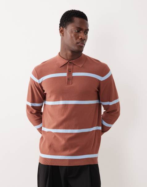 ASOS DESIGN knitted long sleeve polo in brown and blue stripe - view 1