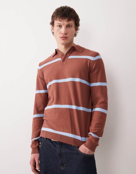 ASOS DESIGN knitted long sleeve polo in brown and blue stripe