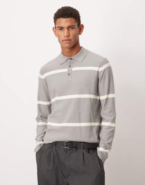 ASOS DESIGN knitted long sleeve polo in grey and ecru stripe - view 1