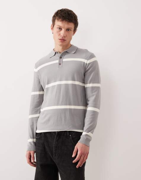 ASOS DESIGN knitted long sleeve polo in grey and ecru stripe