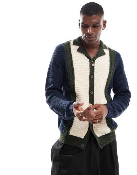 ASOS DESIGN knitted long sleeve polo in navy and cream with khaki cable knit detail - view 1