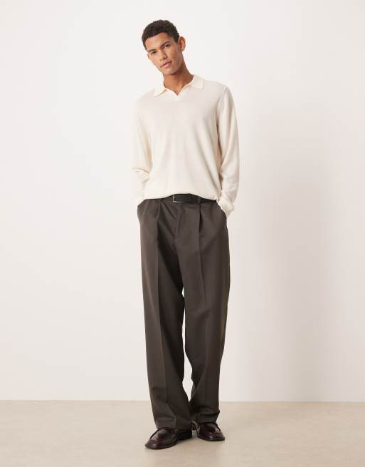 ASOS DESIGN knitted long sleeve pure merino wool notch neck polo in black, 2 of 5