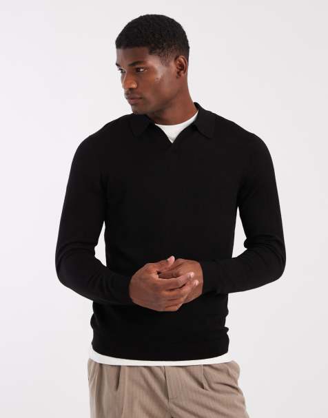 ASOS DESIGN knitted long sleeve pure merino wool notch neck polo in black - view 1