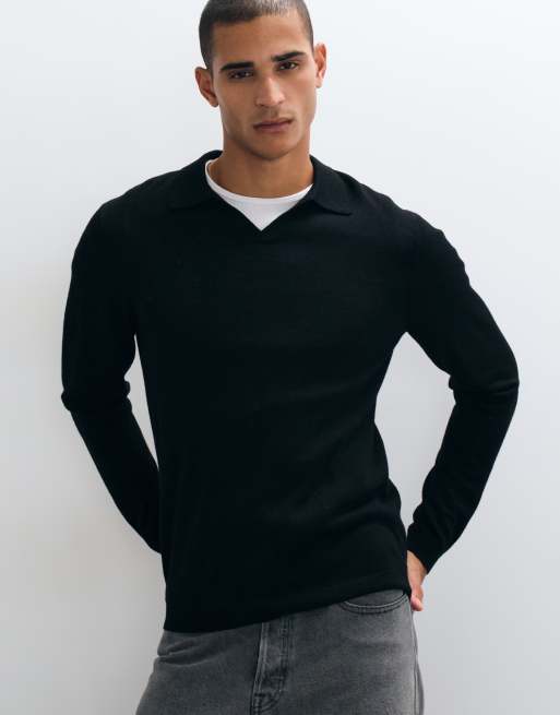 ASOS DESIGN knitted long sleeve pure merino wool notch neck polo in black, 2 of 5