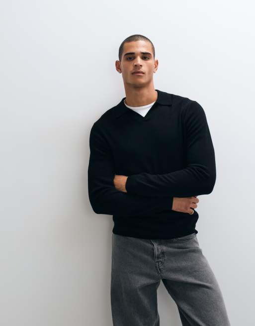 ASOS DESIGN knitted long sleeve pure merino wool notch neck polo in black, 3 of 5