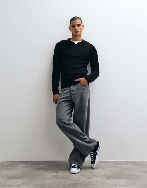 ASOS DESIGN knitted long sleeve pure merino wool notch neck polo in black, 4 of 5