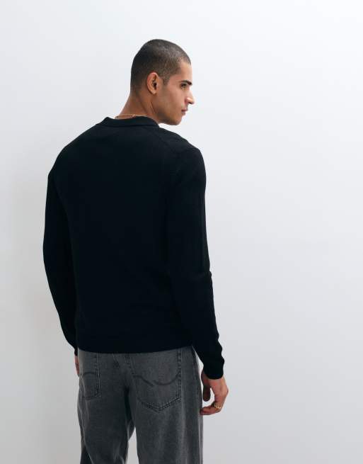 ASOS DESIGN knitted long sleeve pure merino wool notch neck polo in black, 5 of 5
