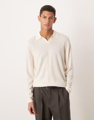Asos Design Knitted Long Sleeve Pure Merino Wool Notch Neck Polo In White