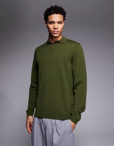 ASOS DESIGN knitted long sleeve pure merino wool polo in khaki - view 1