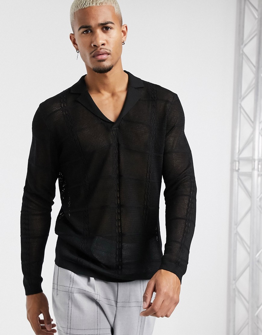 ASOS DESIGN knitted long sleeve revere polo in viscose mix yarn-Black