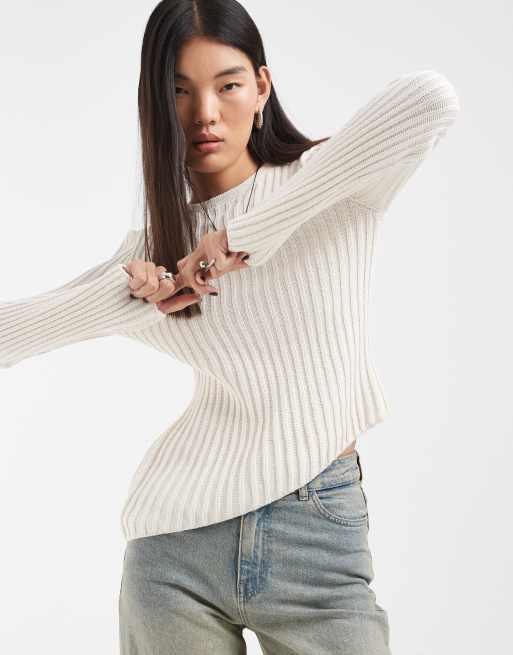 ASOS DESIGN knitted long sleeve ribbed top with asymmetric hem in ecru, 3 of 4