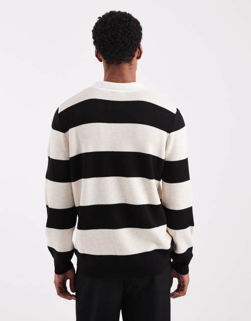 ASOS DESIGN knitted long sleeve rugby polo in black and ecru stripe, 3 of 5