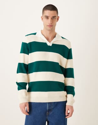 ASOS DESIGN knitted long sleeve rugby polo in green stripe on Sale