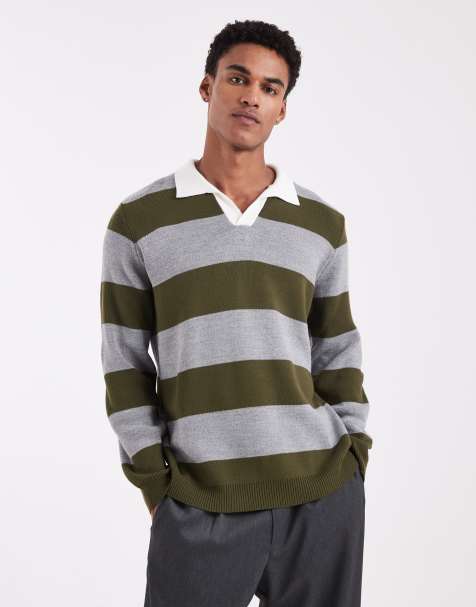 ASOS DESIGN knitted long sleeve rugby polo in grey and khaki stripe - view 1