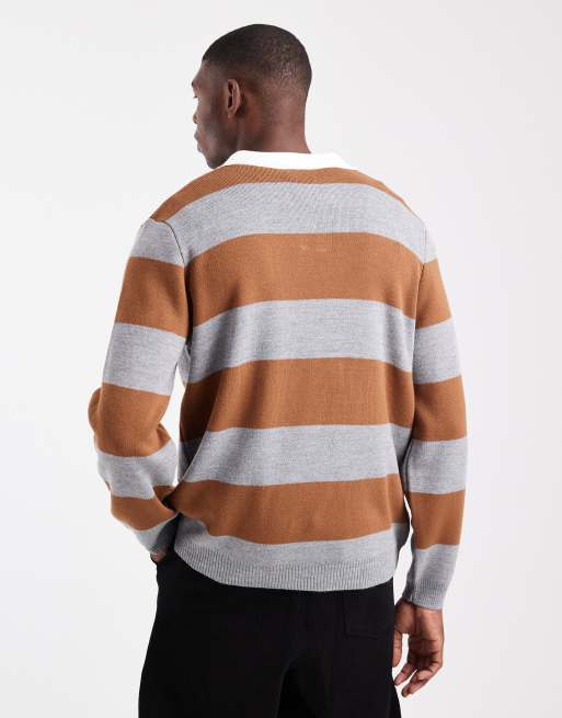 ASOS DESIGN knitted long sleeve rugby polo in tan and grey stripe, 3 of 5