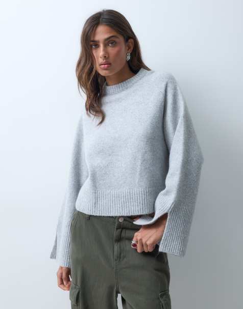 ASOS DESIGN knitted long sleeve slit detail jumper in grey - view 1
