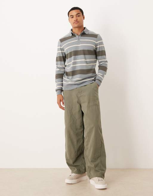 ASOS DESIGN knitted long sleeve stripe polo in grey, 2 of 5