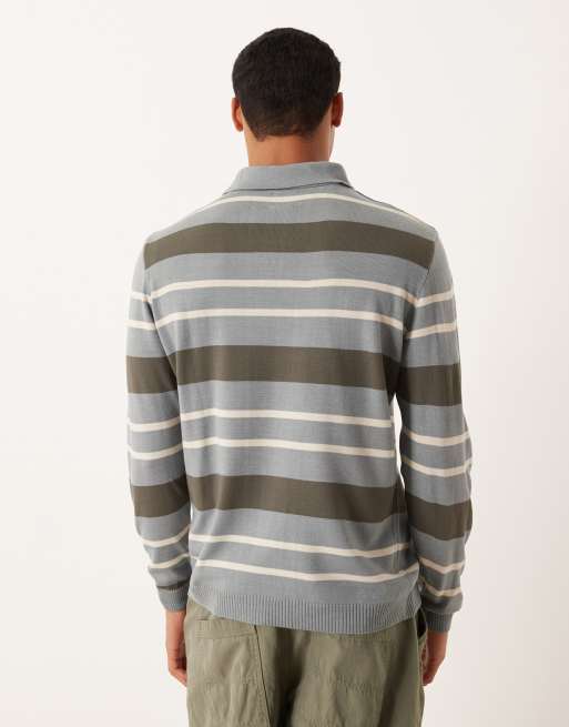 ASOS DESIGN knitted long sleeve stripe polo in grey, 3 of 5