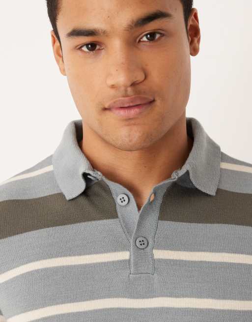 ASOS DESIGN knitted long sleeve stripe polo in grey, 5 of 5