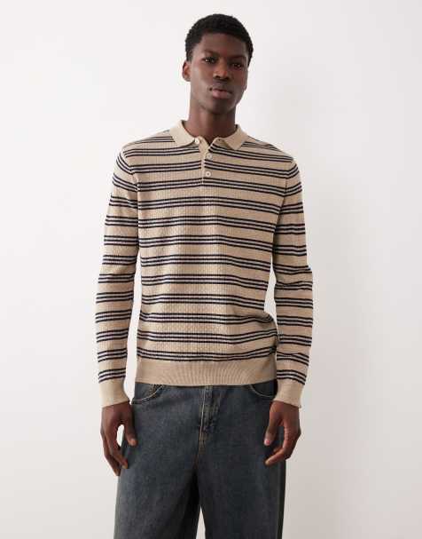ASOS DESIGN knitted long sleeve stripe polo shirt in ecru - view 1