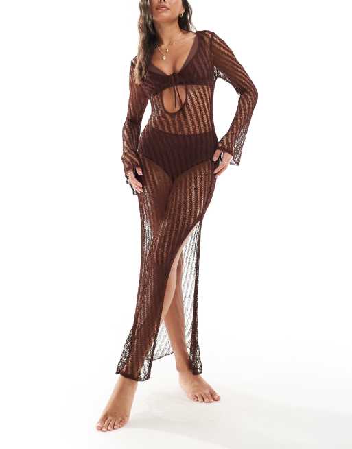 FhyzicsShops DESIGN knitted long sleeve tie front maxi beach dress in brown