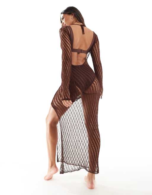 ASOS DESIGN knitted long sleeve tie front maxi beach dress in brown | ASOS