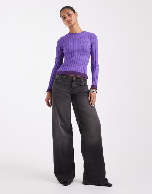 ASOS DESIGN knitted long sleeve top with contrast detailing in purple, 2 of 4