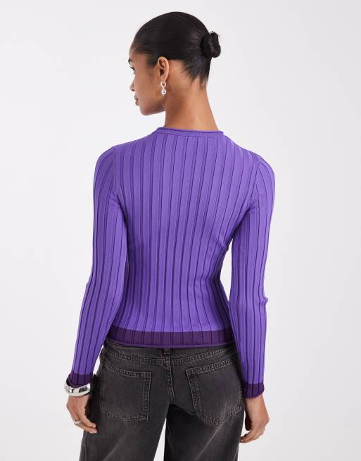 ASOS DESIGN knitted long sleeve top with contrast detailing in purple, 4 of 4