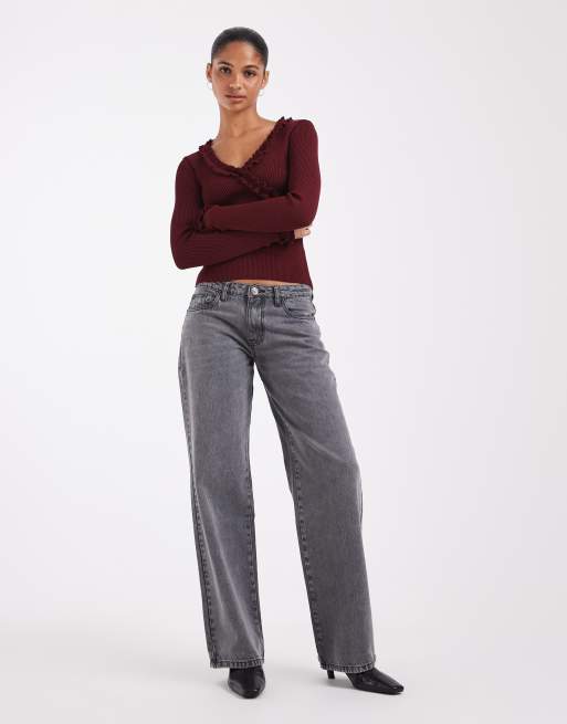 ASOS DESIGN knitted long sleeve top with ruffle detailing in burgundy, 2 of 4