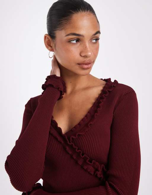 ASOS DESIGN knitted long sleeve top with ruffle detailing in burgundy, 3 of 4