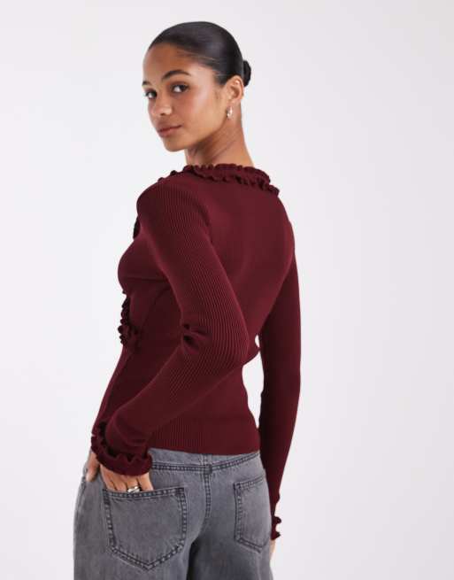 ASOS DESIGN knitted long sleeve top with ruffle detailing in burgundy, 4 of 4