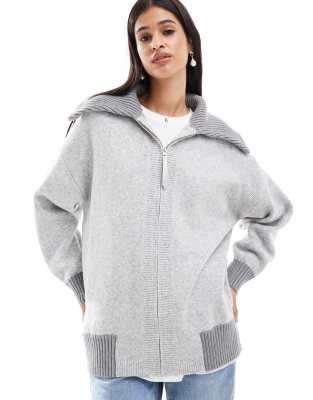 ASOS DESIGN knitted longline bomber jacket with collar in grey