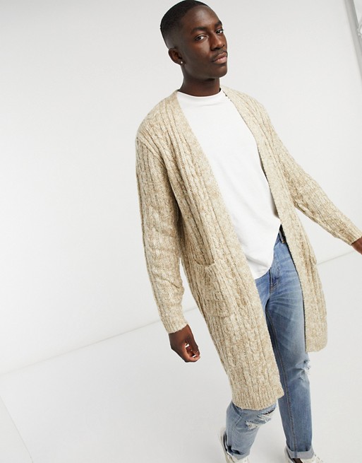 ASOS DESIGN knitted longline cable knit cardigan in oatmeal