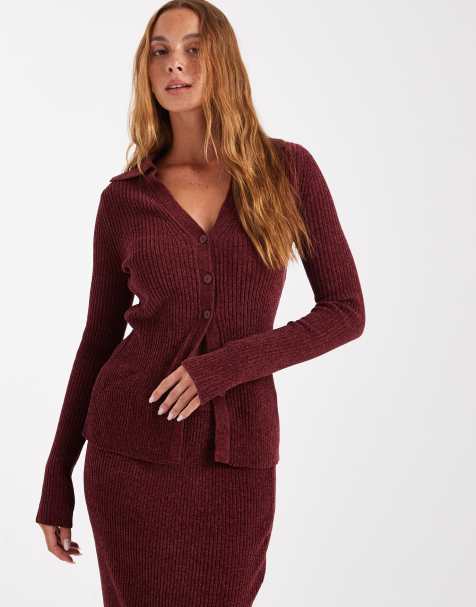 ASOS DESIGN knitted longline collared cardigan co-ord in burgundy