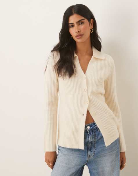 ASOS DESIGN knitted longline fitted shirt in cream - view 1