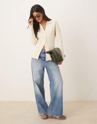 Asos Design Knitted Longline Fitted Shirt In Neutral