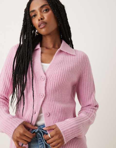 ASOS DESIGN knitted longline fitted shirt in pink - view 2