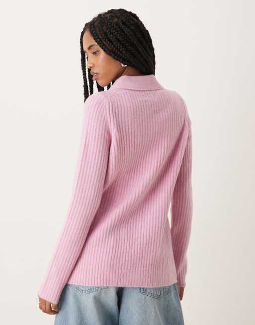 ASOS DESIGN knitted longline fitted shirt in pink, 4 of 4