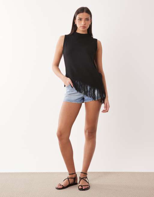 ASOS DESIGN knitted longline fringe tank in black, 2 of 4