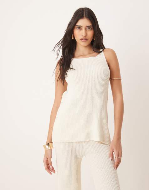 ASOS DESIGN knitted longline top co-ord in slub yarn in cream - view 1