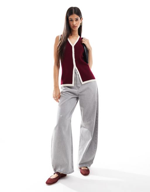 ASOS DESIGN knitted longline v vest in burgundy