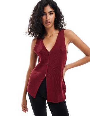 ASOS DESIGN ASOS DESIGN knitted longline v waistcoat in burgundy-Red