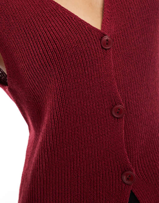 ASOS DESIGN knitted longline v waistcoat in burgundy, 2 of 4